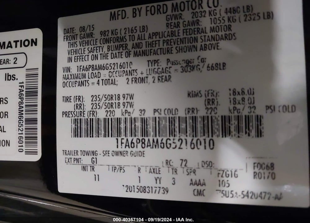 2016 FORD MUSTANG VIN: 1FA6P8AM6G5216010
