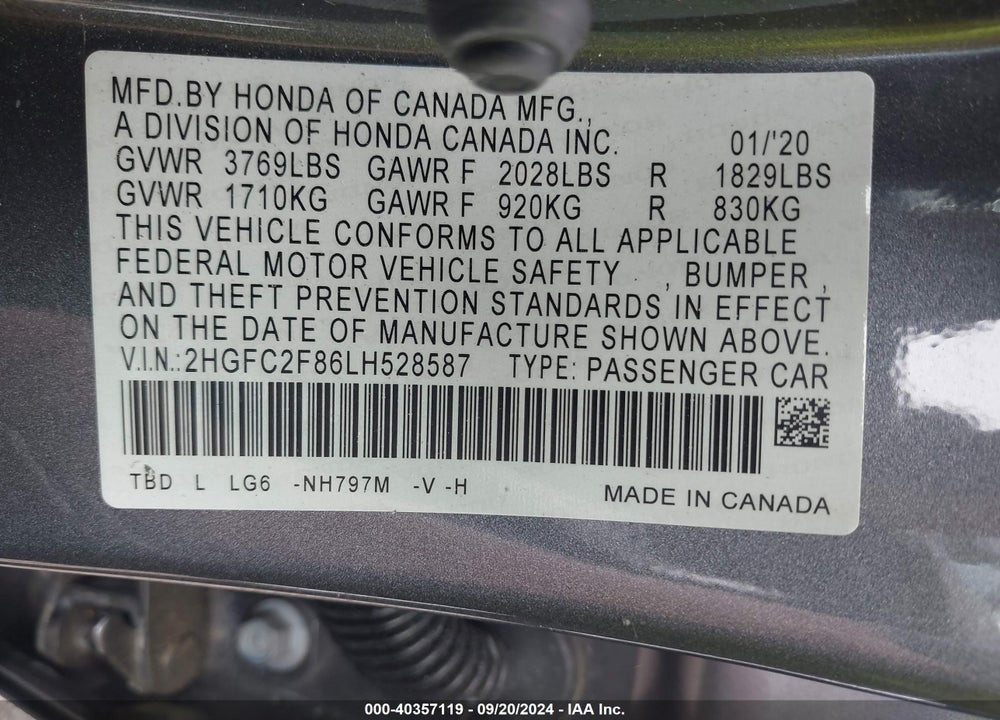 2020 HONDA CIVIC SPORT VIN: 2HGFC2F86LH528587