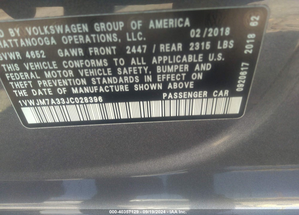2018 VOLKSWAGEN PASSAT 3.6L V6 GT VIN: 1VWJM7A33JC028396