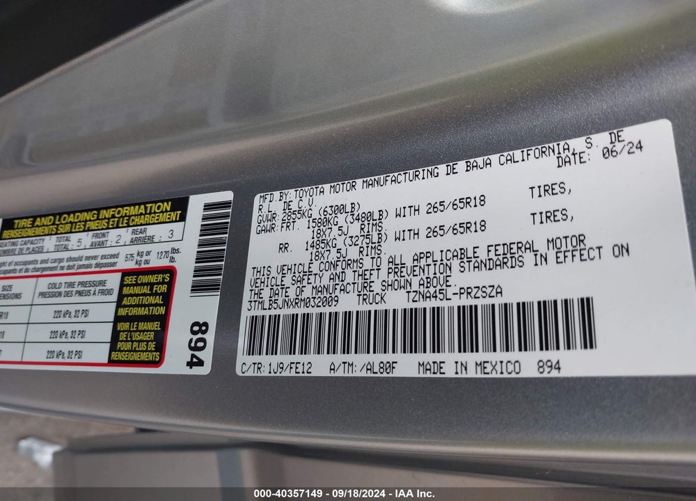 2024 TOYOTA TACOMA TRD SPORT VIN: 3TMLB5JNXRM032009