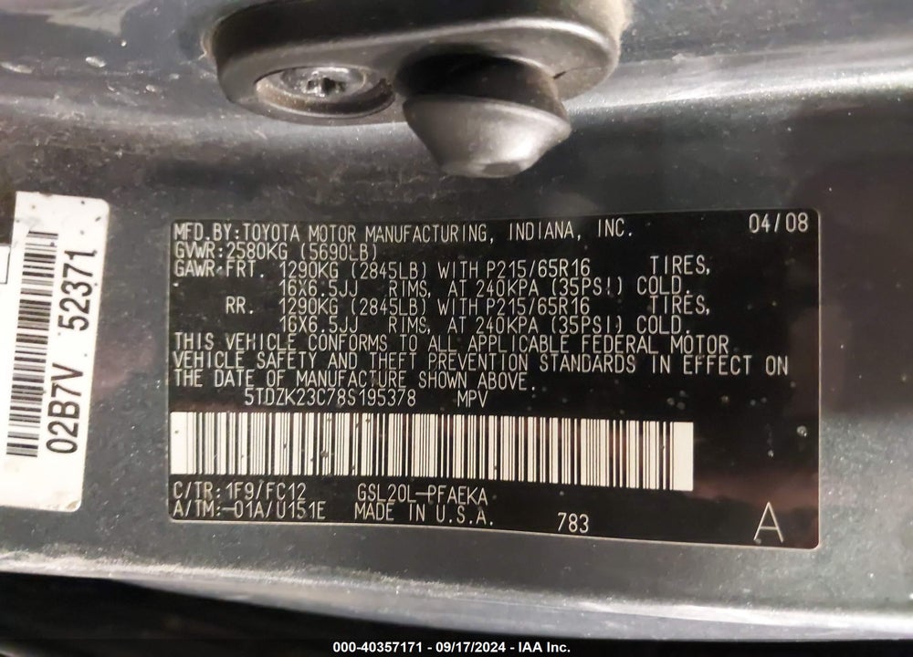 2008 TOYOTA SIENNA LE VIN: 5TDZK23C78S195378