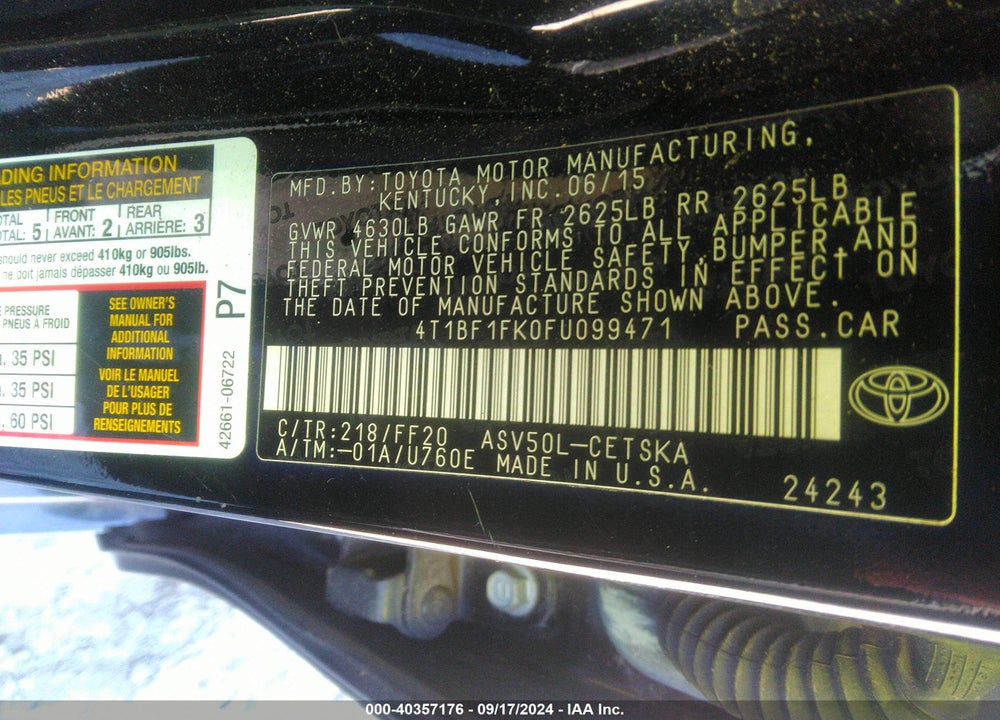 2015 TOYOTA CAMRY SE VIN: 4T1BF1FK0FU099471