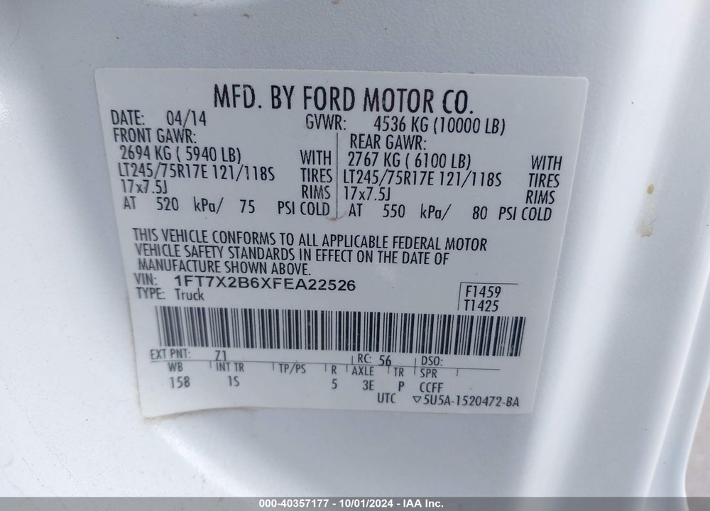 2015 FORD F-250 XL VIN: 1FT7X2B6XFEA22526