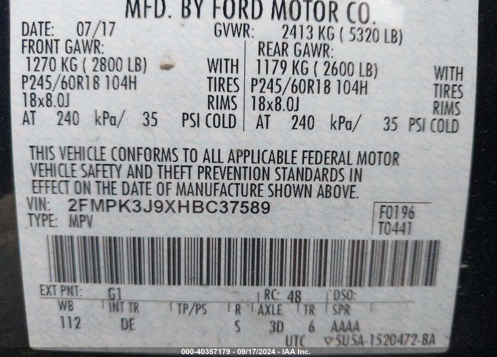 2017 FORD EDGE SEL VIN: 2FMPK3J9XHBC37589