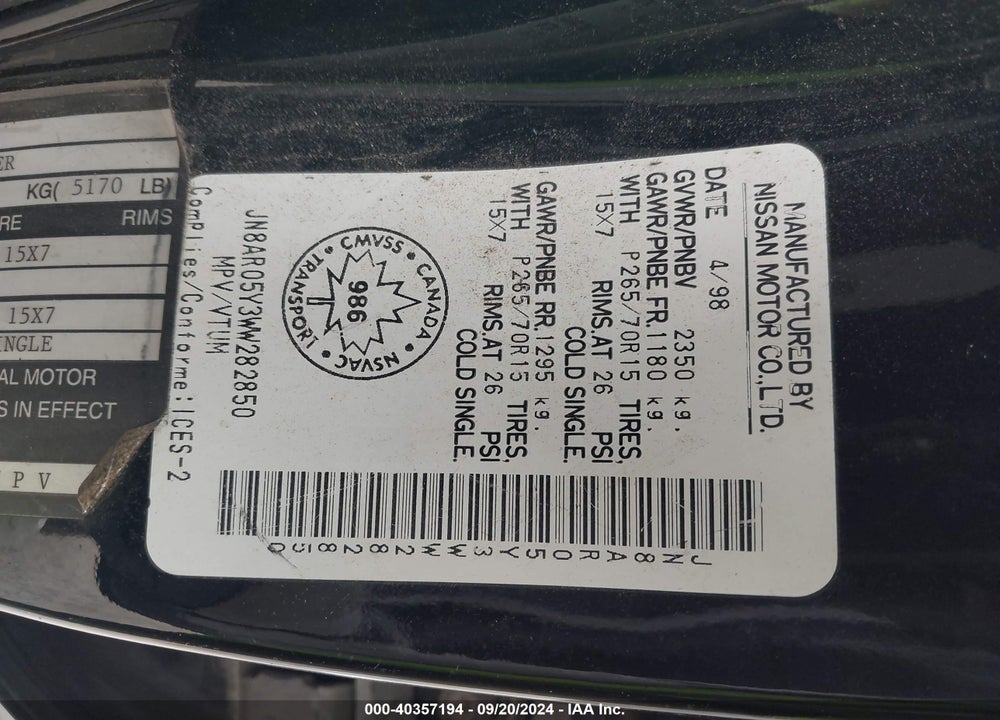 1998 NISSAN PATHFINDER LE/SE/XE VIN: JN8AR05Y3WW282850