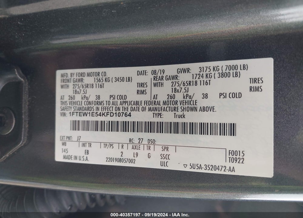 2019 FORD F-150 LARIAT VIN: 1FTEW1E54KFD10764
