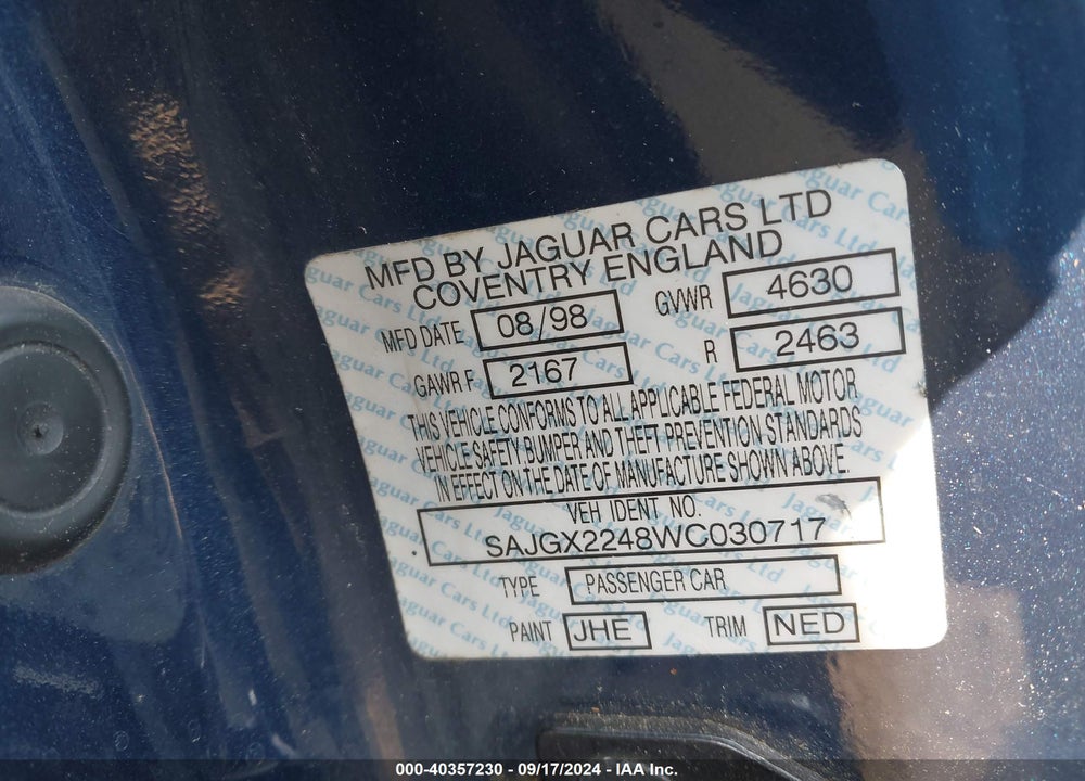 1998 JAGUAR XK8 VIN: SAJGX2248WC030717