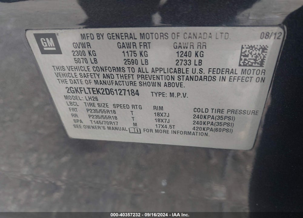 2013 GMC TERRAIN SLE-2 VIN: 2GKFLTEK2D6127184