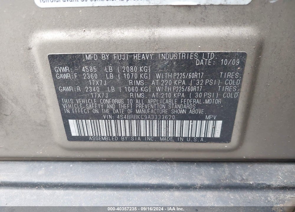 2010 SUBARU OUTBACK 2.5I LIMITED VIN: 4S4BRBKC9A3333620