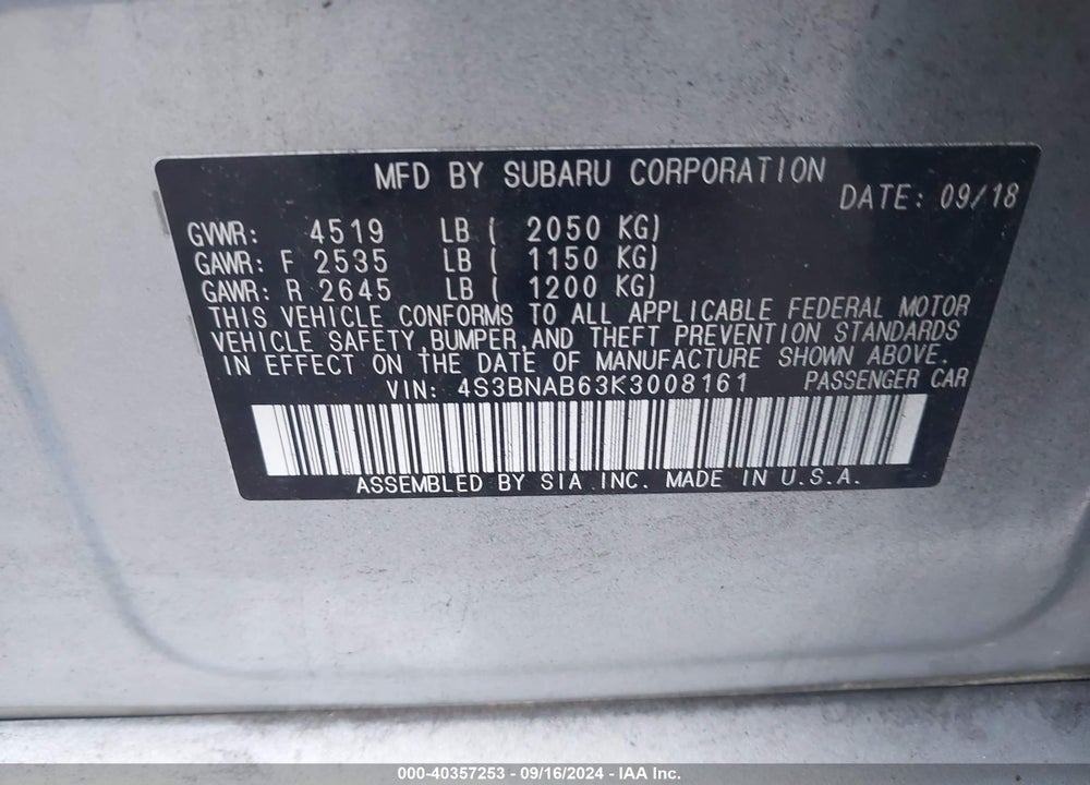 2019 SUBARU LEGACY 2.5I VIN: 4S3BNAB63K3008161