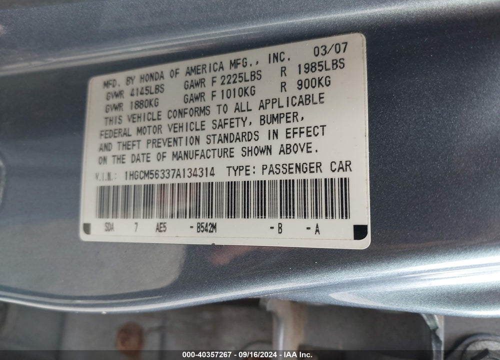 2007 HONDA ACCORD 2.4 SE VIN: 1HGCM56337A134314