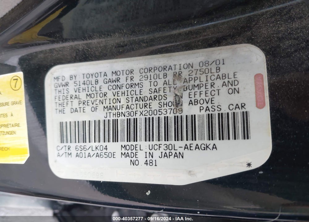 2002 LEXUS LS 430 VIN: JTHBN30FX20053709