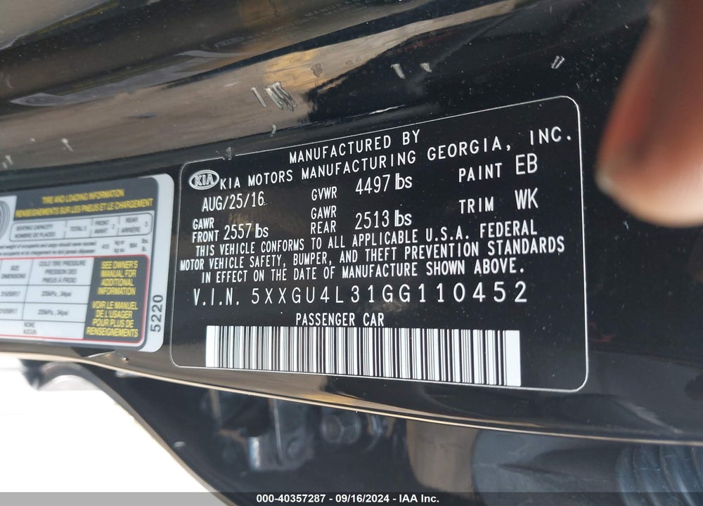 2016 KIA OPTIMA EX VIN: 5XXGU4L31GG110452
