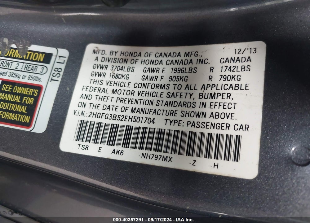 2014 HONDA CIVIC LX VIN: 2HGFG3B52EH501704