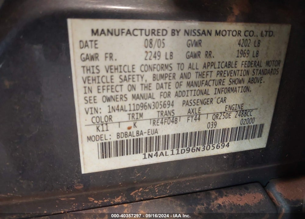 2006 NISSAN ALTIMA 2.5 S VIN: 1N4AL11D96N305694