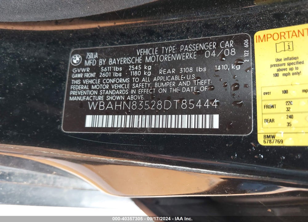 2008 BMW 750LI VIN: WBAHN83528DT85444