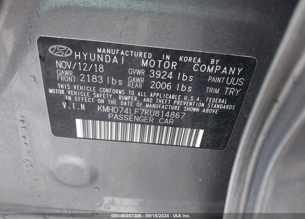 2019 HYUNDAI ELANTRA SE VIN: KMHD74LF7KU814867
