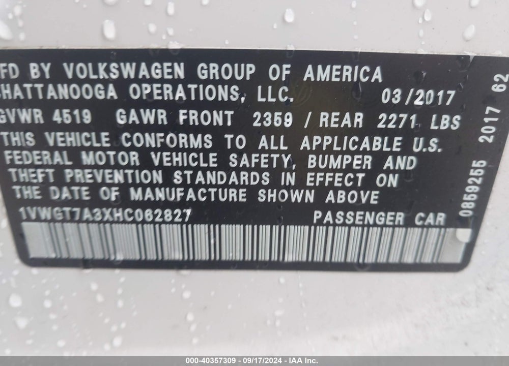2017 VOLKSWAGEN PASSAT 1.8T SE VIN: 1VWGT7A3XHC062827
