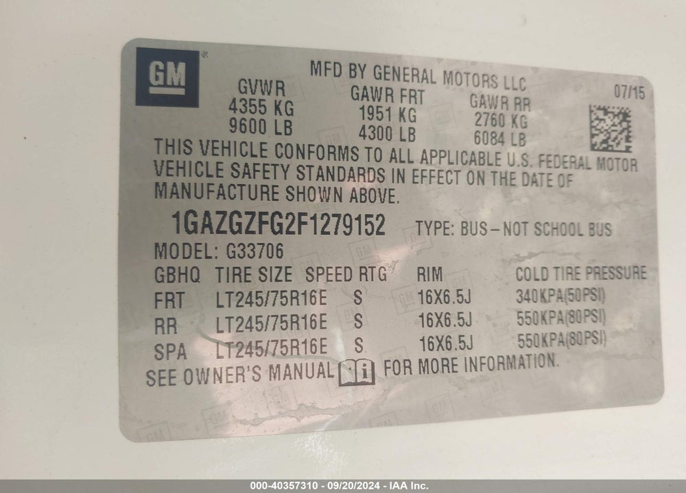 2015 CHEVROLET EXPRESS 3500 LS VIN: 1GAZGZFG2F1279152