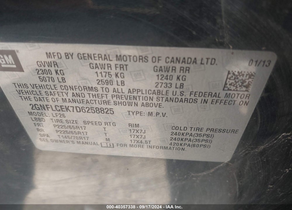 2013 CHEVROLET EQUINOX LS VIN: 2GNFLCEK7D6258825