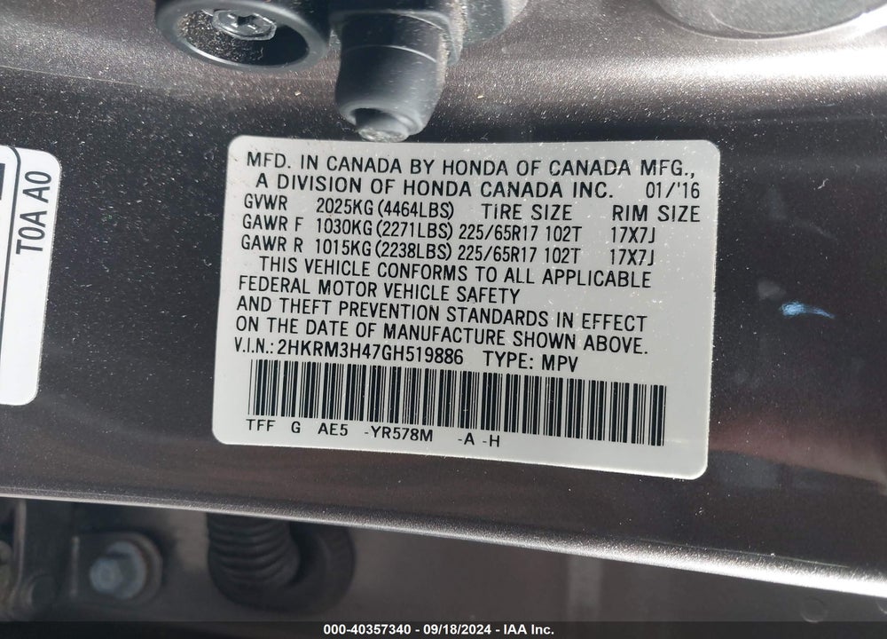 2016 HONDA CR-V SE VIN: 2HKRM3H47GH519886