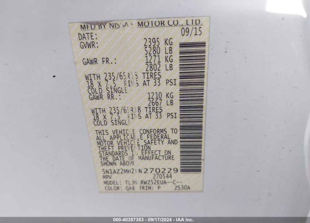 2015 NISSAN MURANO SL VIN: 5N1AZ2MH2FN270229