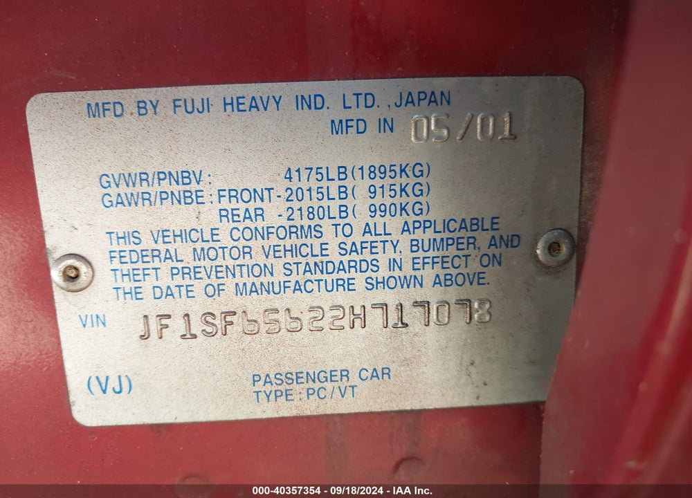 2002 SUBARU FORESTER VIN: JF1SF656228717078