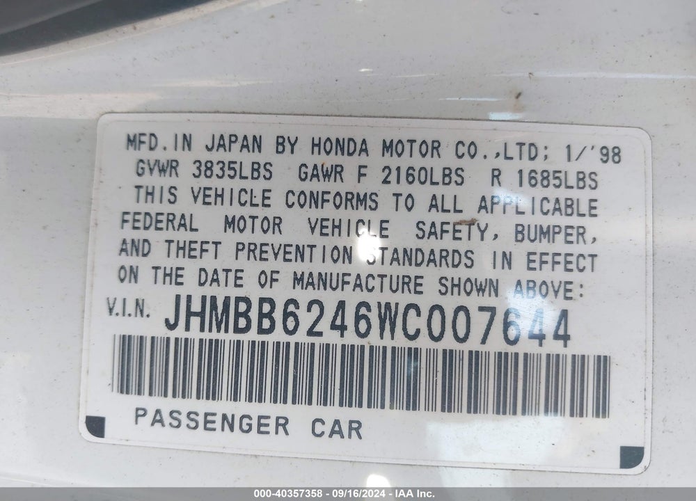 1998 HONDA PRELUDE VIN: JHMBB6246WC007644