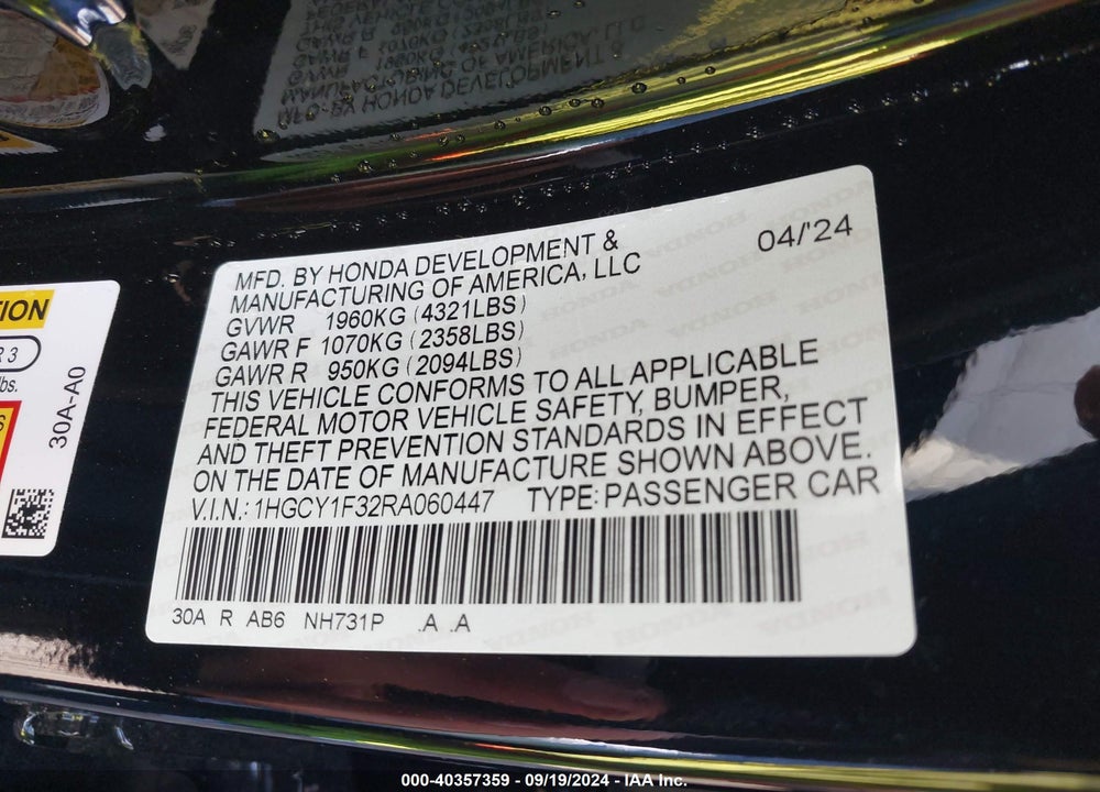 2024 HONDA ACCORD EX VIN: 1HGCY1F32RA060447