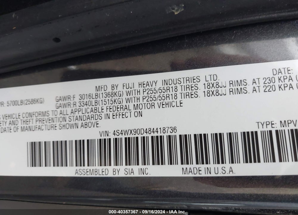 2008 SUBARU TRIBECA LIMITED 7-PASSENGER VIN: 4S4WX90D484418736