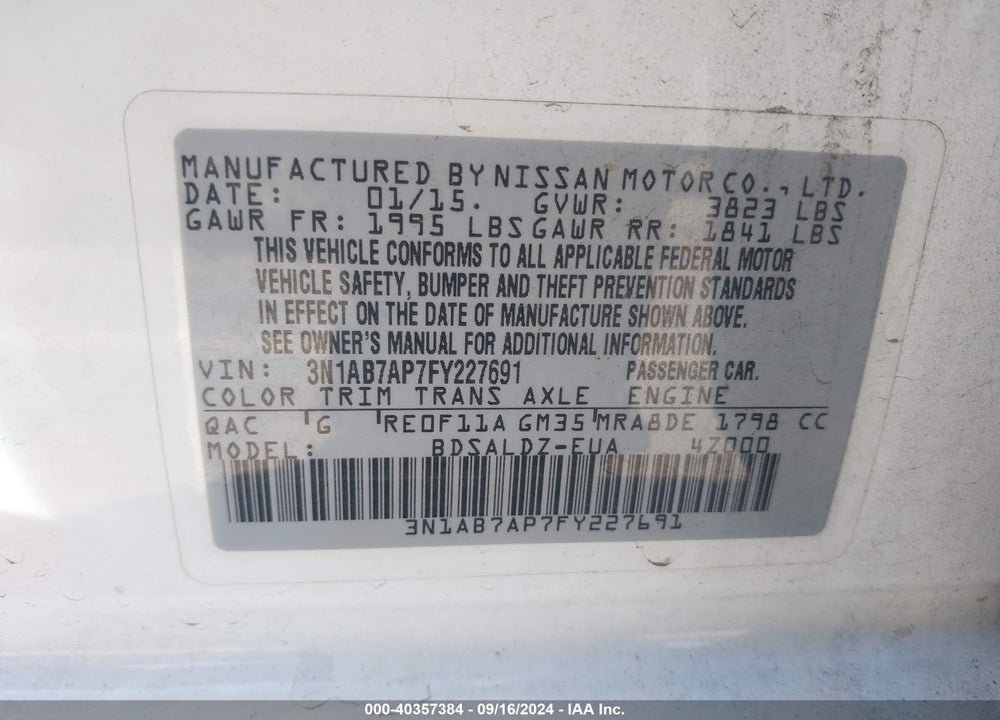 2015 NISSAN SENTRA SV VIN: 3N1AB7AP7FY227691