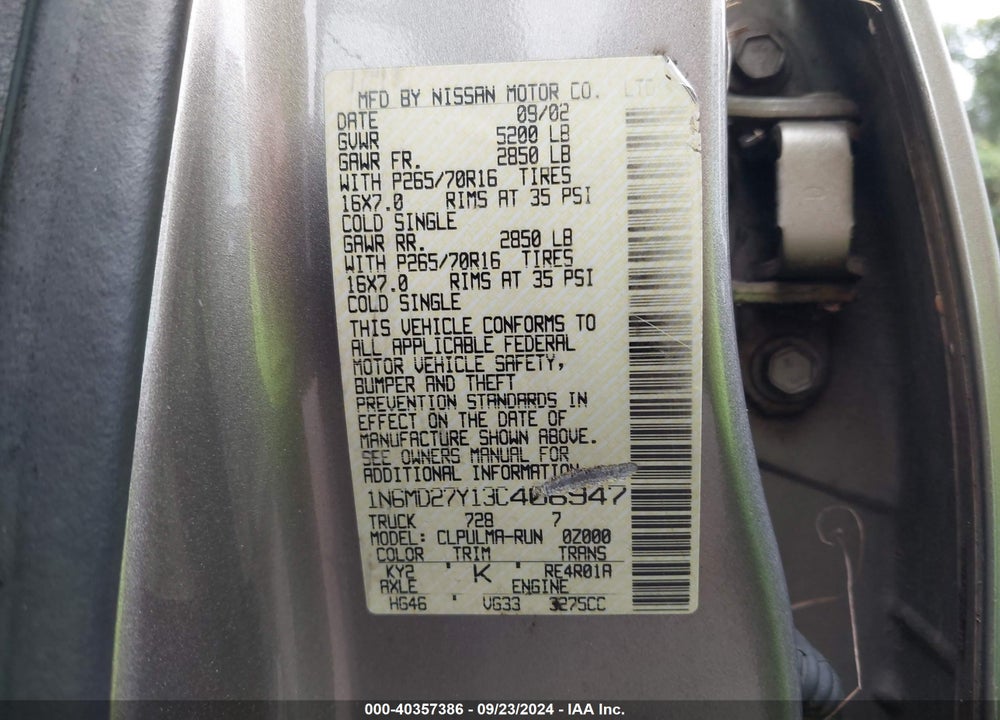 2003 NISSAN FRONTIER SVE-V6 VIN: 1N6MD27Y13C406947