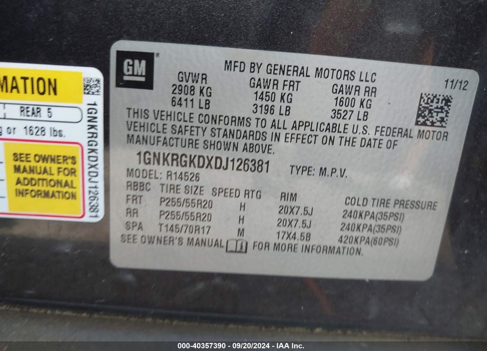 2013 CHEVROLET TRAVERSE 1LT VIN: 1GNKRGKDXDJ126381