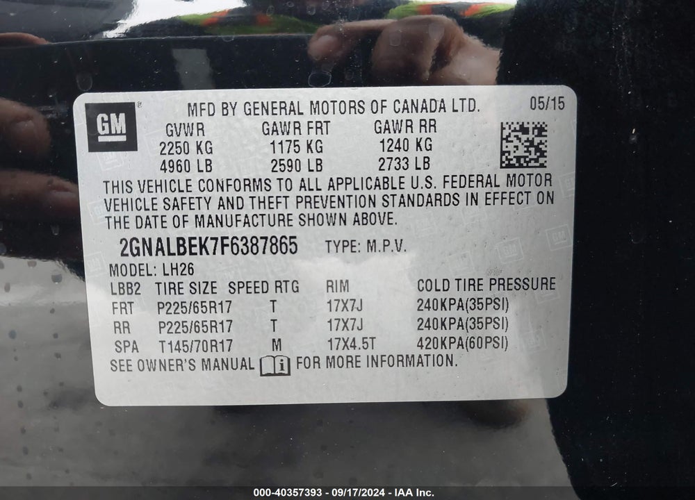 2015 CHEVROLET EQUINOX 1LT VIN: 2GNALBEK7F6387865