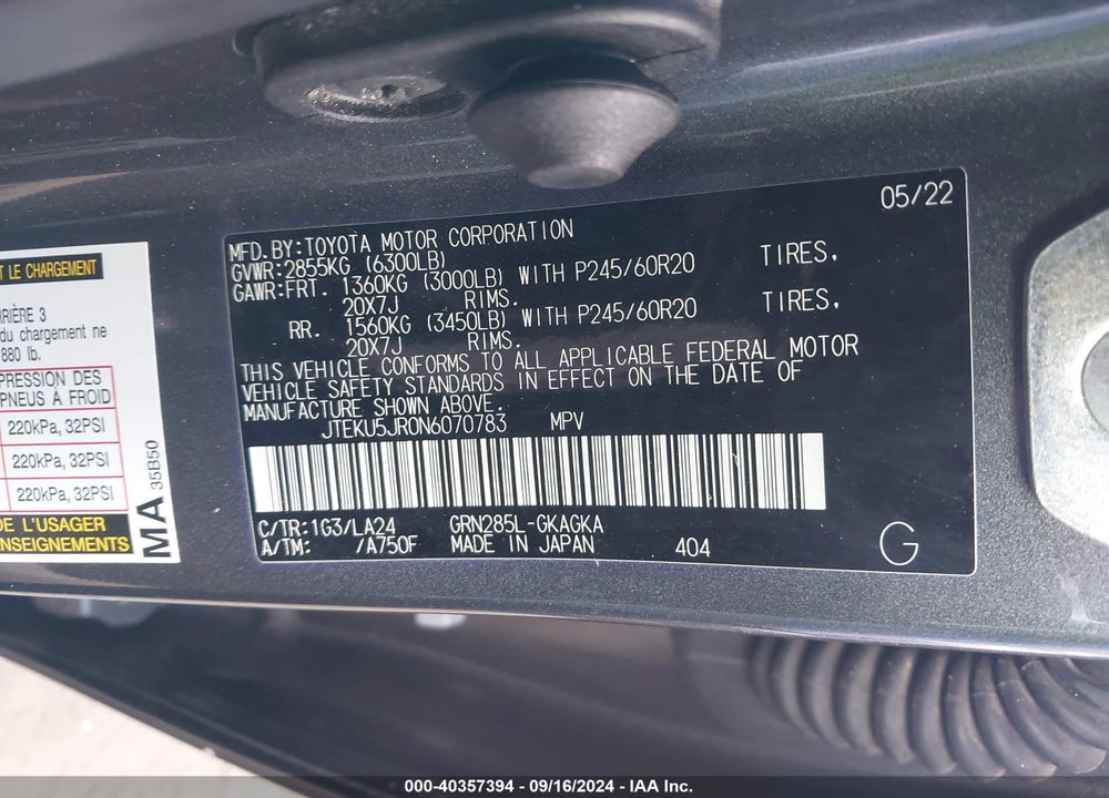2022 TOYOTA 4RUNNER LIMITED VIN: JTEKU5JR0N6070783