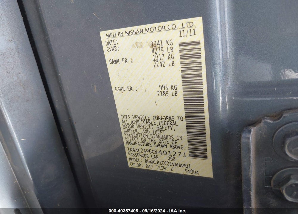 2012 NISSAN ALTIMA 2.5 S VIN: 1N4AL2AP6CN491271