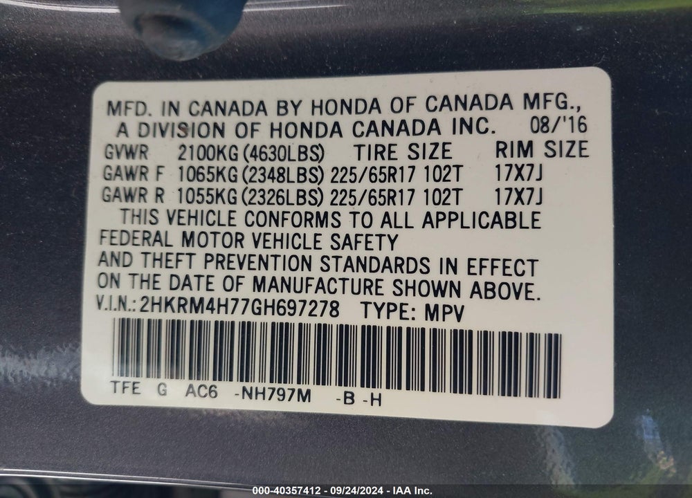 2016 HONDA CR-V EX-L VIN: 2HKRM4H77GH697278