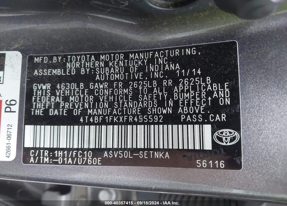 2015 TOYOTA CAMRY LE VIN: 4T4BF1FKXFR455592