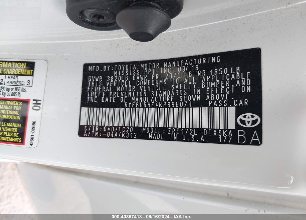 2019 TOYOTA COROLLA SE/XSE VIN: 5YFBURHE4KP896071