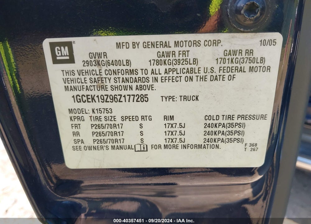 2006 CHEVROLET SILVERADO 1500 LT1 VIN: 1GCEK19Z96Z177285