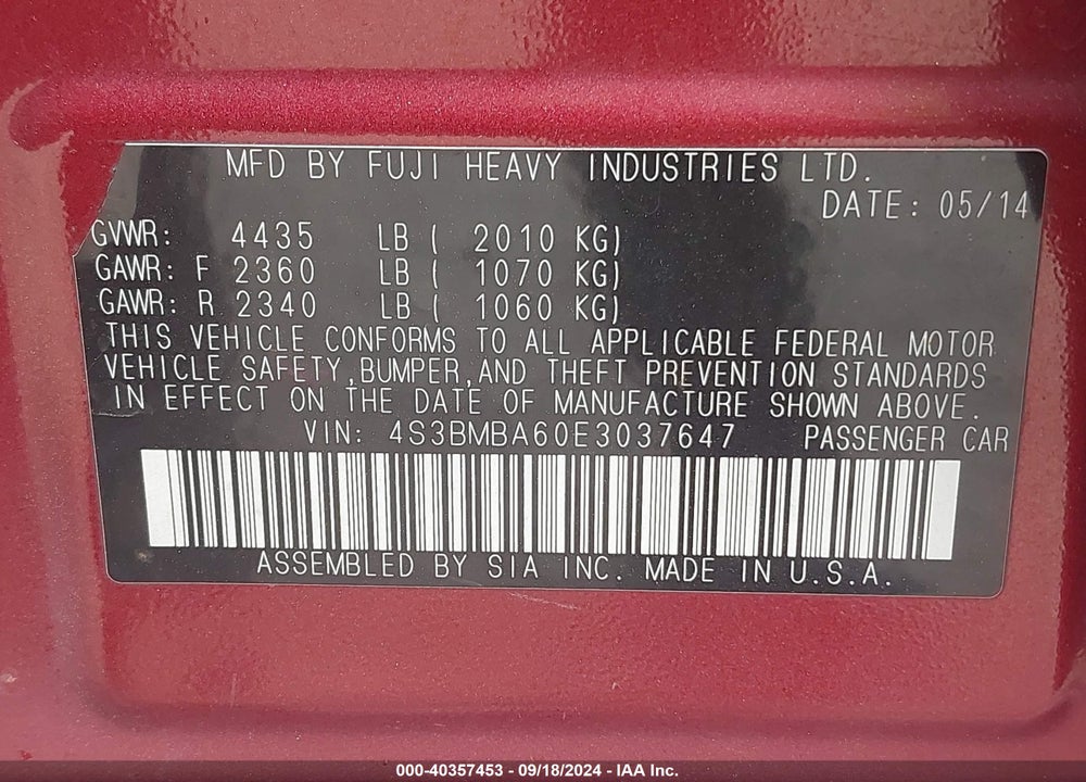 2014 SUBARU LEGACY 2.5I VIN: 4S3BMBA60E3037647