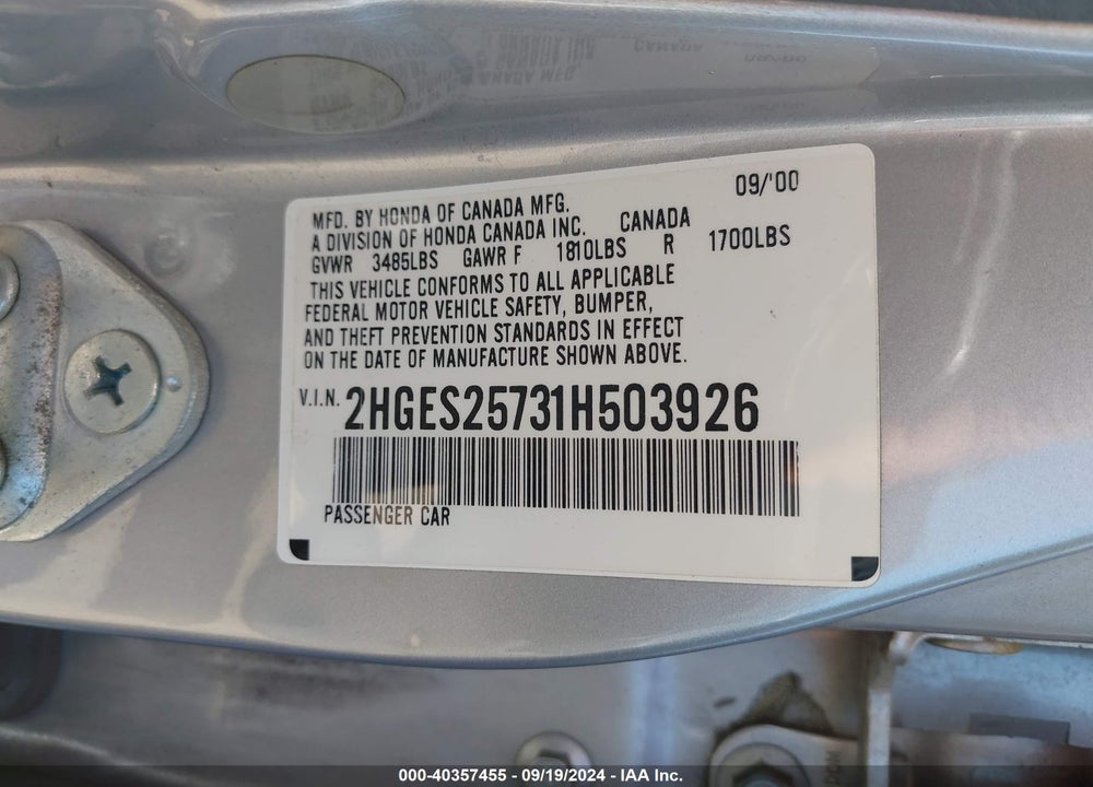2001 HONDA CIVIC EX VIN: 2HGES25731H503926