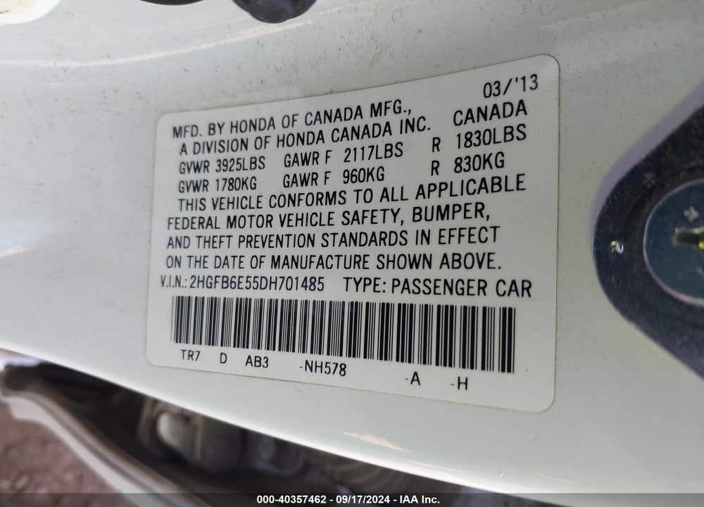 2013 HONDA CIVIC SI VIN: 2HGFB6E55DH701485