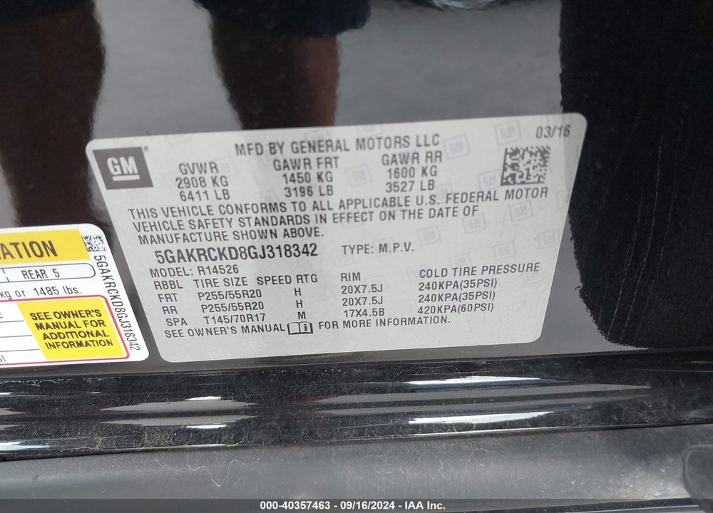 2016 BUICK ENCLAVE PREMIUM VIN: 5GAKRCKD8GJ318342