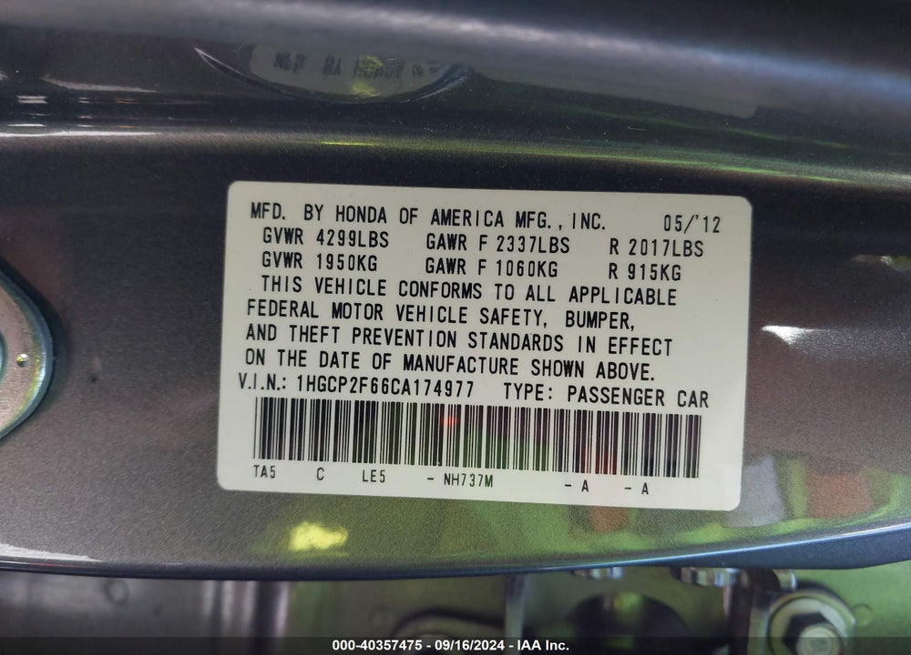 2012 HONDA ACCORD 2.4 SE VIN: 1HGCP2F66CA174977