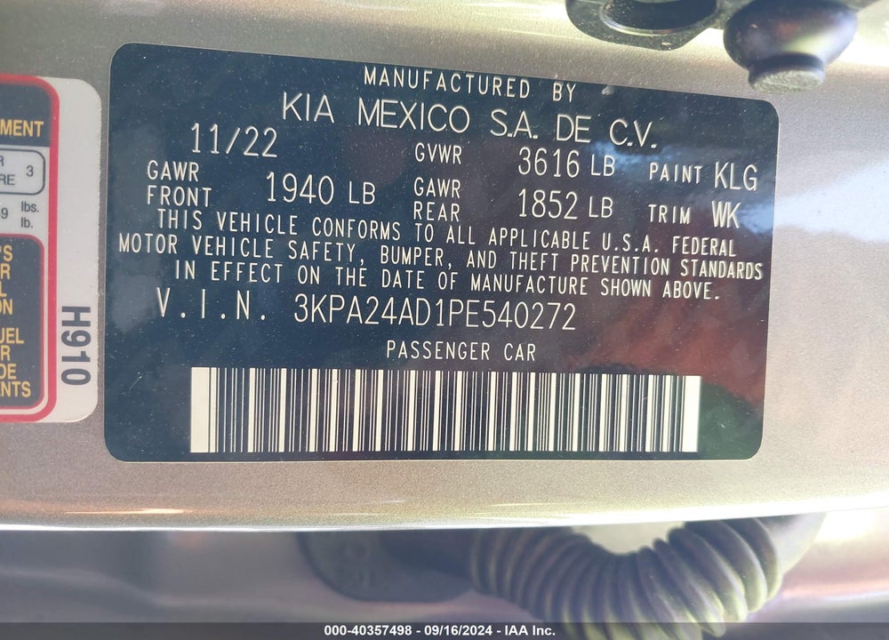 2023 KIA RIO VIN: 3KPA24AD1PE540272