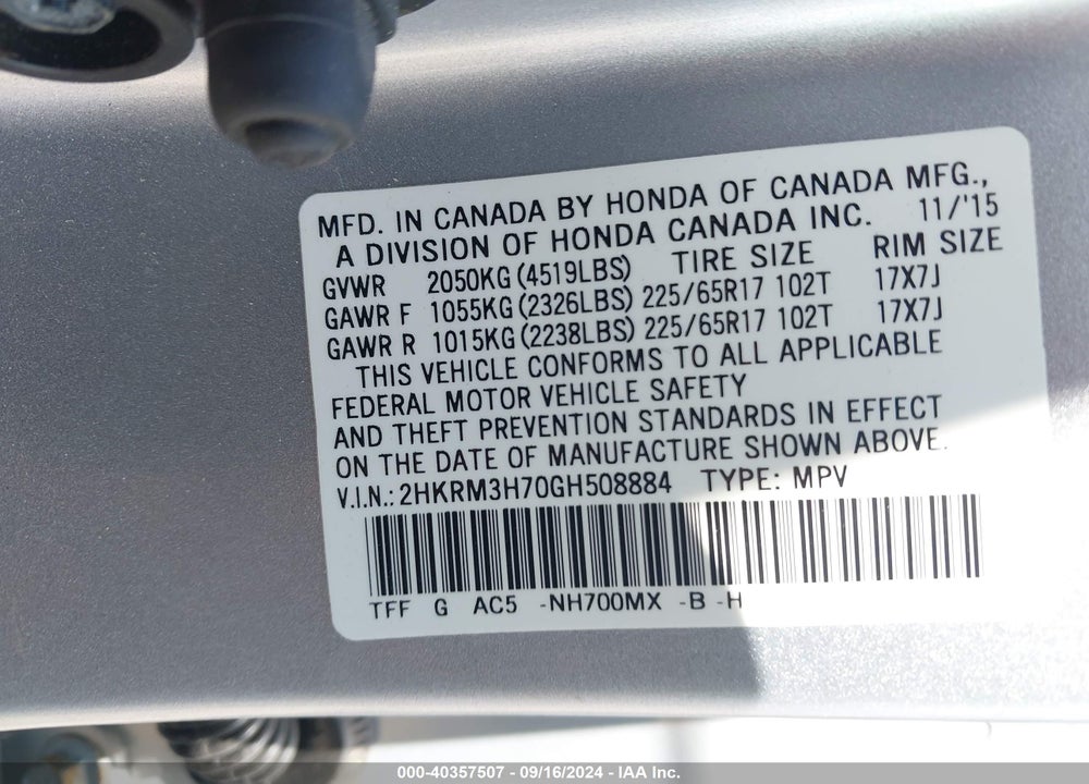 2016 HONDA CR-V EX-L VIN: 2HKRM3H70GH508884
