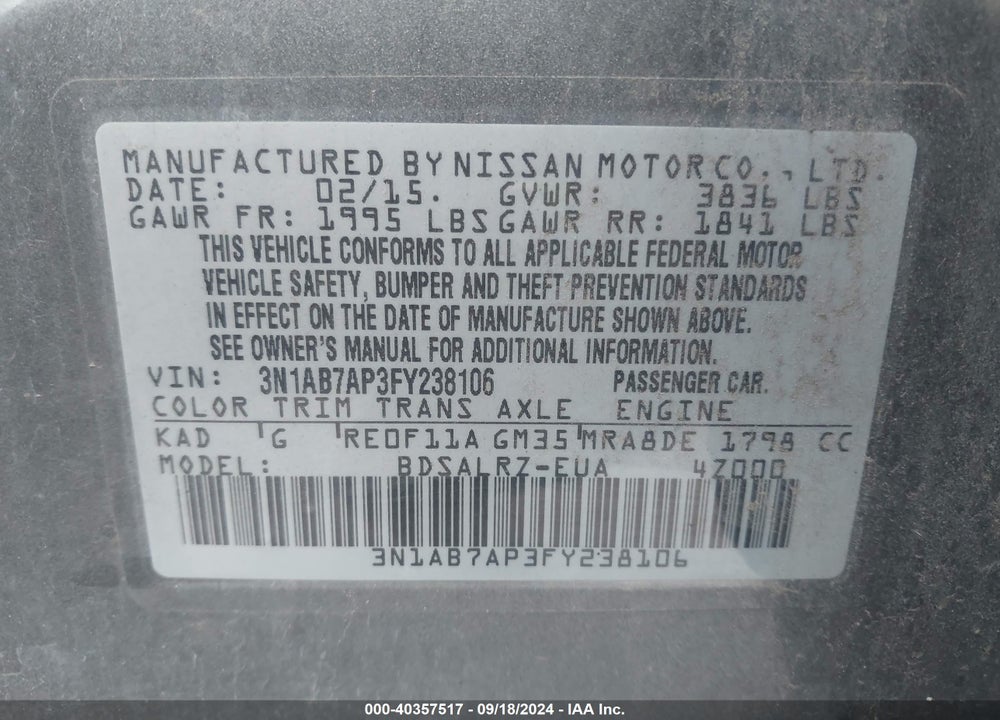 2015 NISSAN SENTRA SR VIN: 3N1AB7AP3FY238106