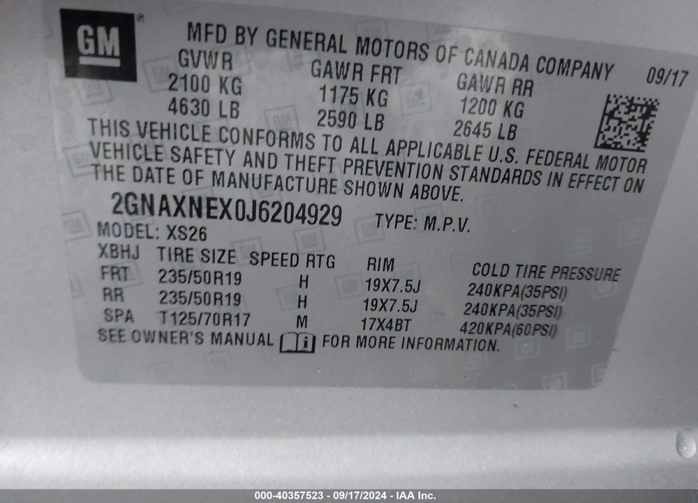 2018 CHEVROLET EQUINOX PREMIER VIN: 2GNAXNEX0J6204929