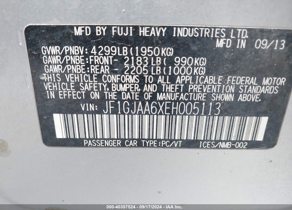 2014 SUBARU IMPREZA 2.0I VIN: JF1GJAA6XEH005113